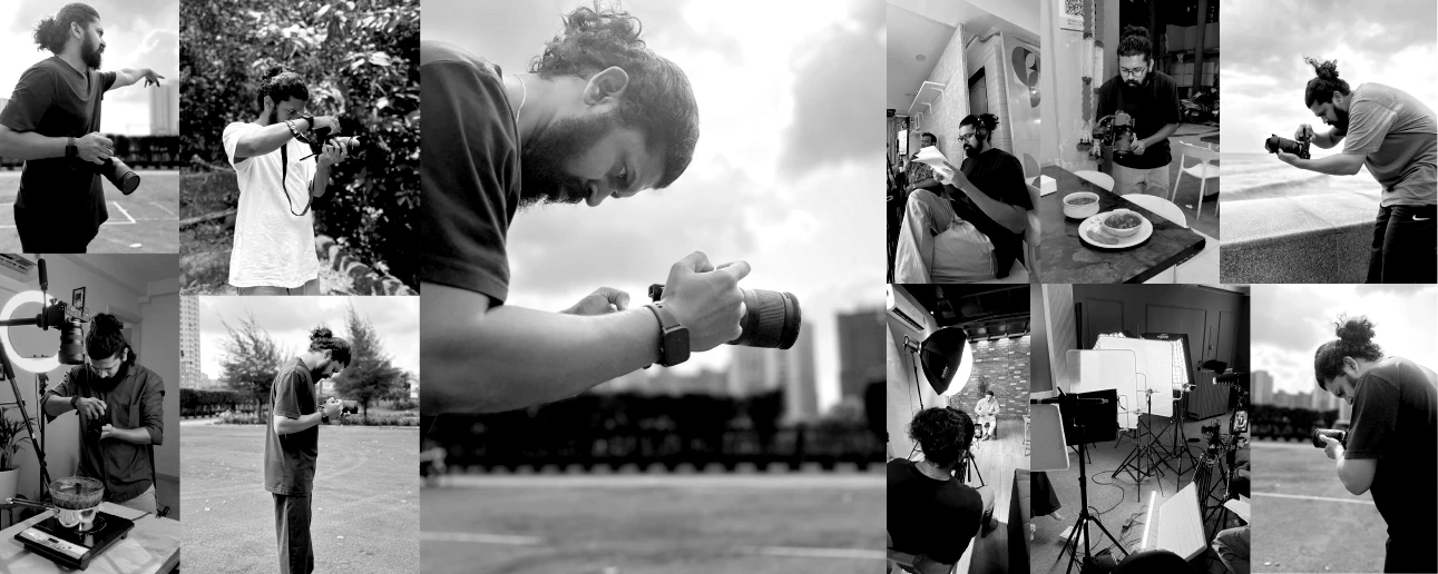 Swapnil behind the camera on various shoots — black and white collage